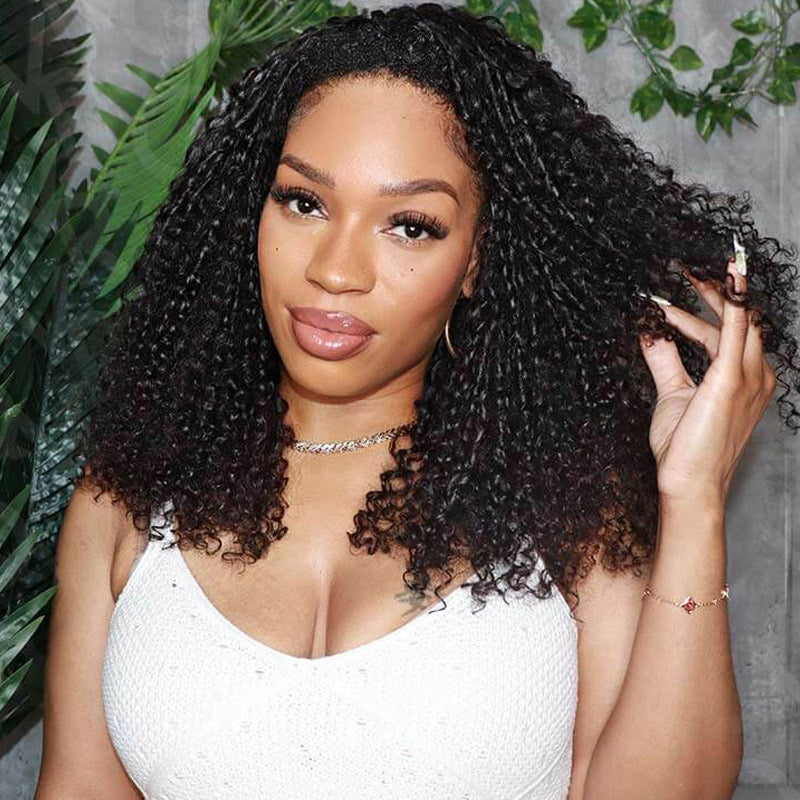 RhisoHair Pixie Curly Crochet Hair Natural Black Machine Made Feather Human Hair Extension