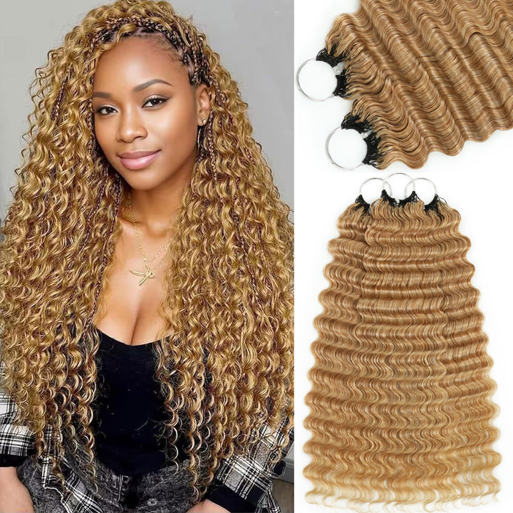 RhisoHair #27 Honey Blonde Deep Wave Crochet Hair Machine Made Feather Human Hair Extension