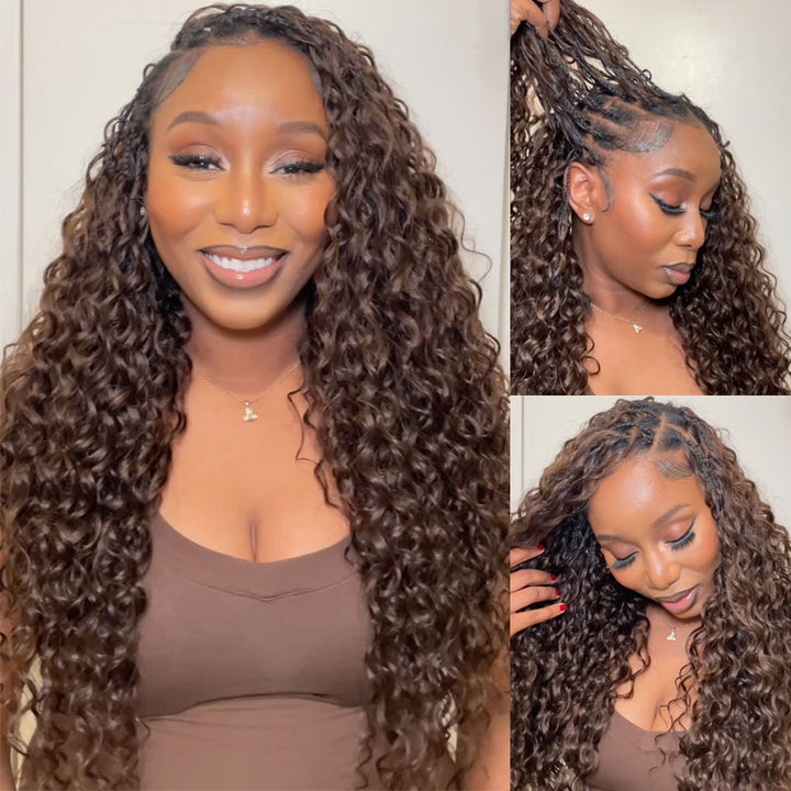 RhisoHair #4 Chocolate Brown Water Wave Feather Crochet Hair 100% Human Hair Machine Made Extensions