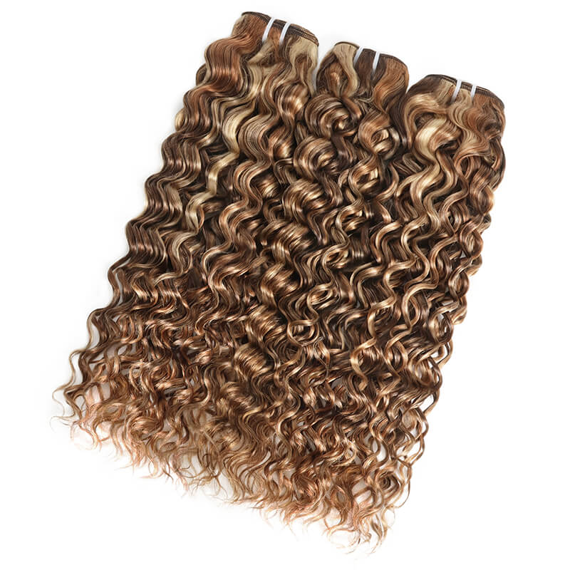 RhisoHair Deep Wave 3Bundles P4/27/613 Mix Brown Highlight Human Hair 100% Brazilian Virgin Remy Hair Weft