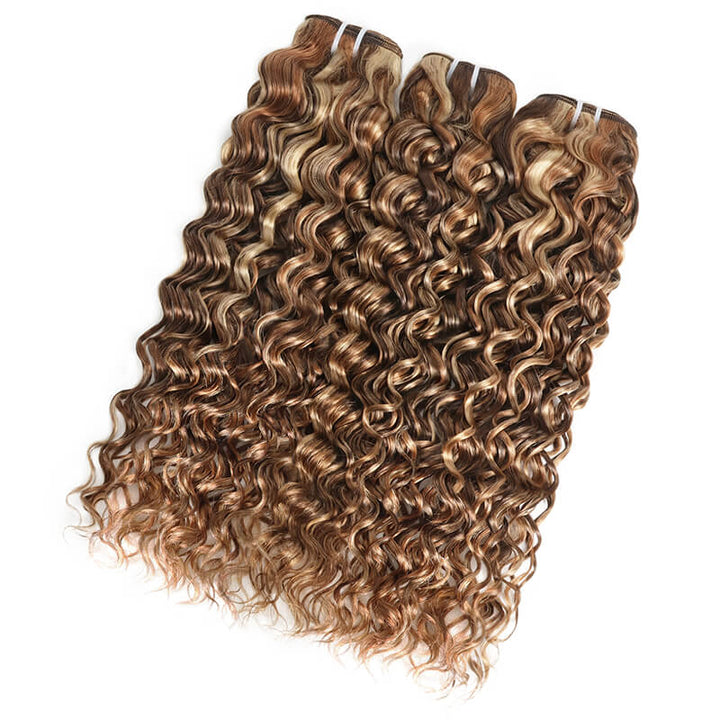 RhisoHair Deep Wave 3Bundles P4/27/613 Mix Brown Highlight Human Hair 100% Brazilian Virgin Remy Hair Weft