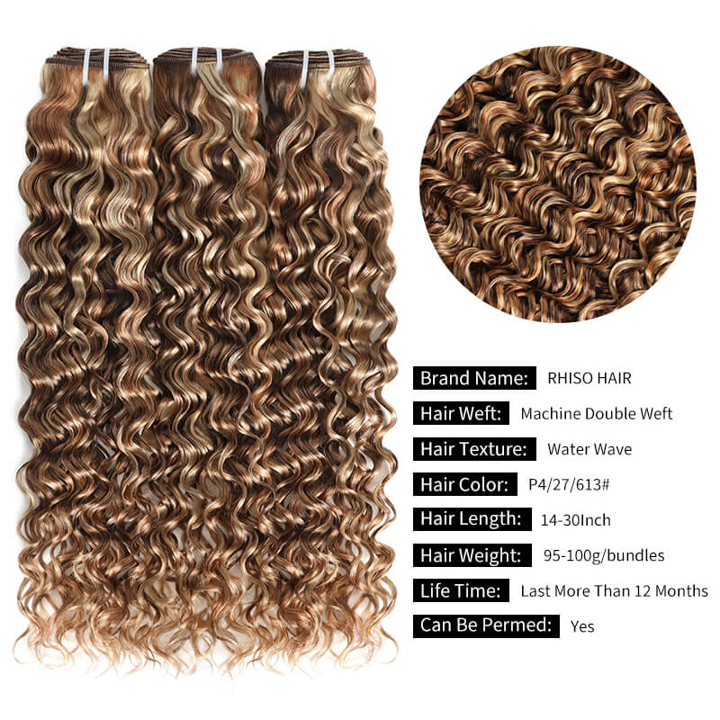 RhisoHair Mix Brown P4/27/613 Highlight Water Wave 3 Bundles with 5x5 Lace Closure Virgin Human Hair Bundles Double Weft Honey Blonde Weave for Women