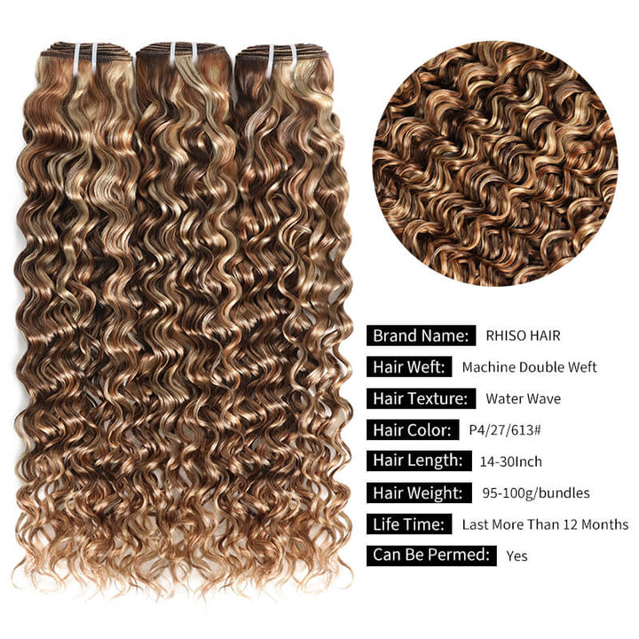 RhisoHair Mix Brown P4/27/613 Highlight Water Wave 3 Bundles with 5x5 Lace Closure Virgin Human Hair Bundles Double Weft Honey Blonde Weave for Women