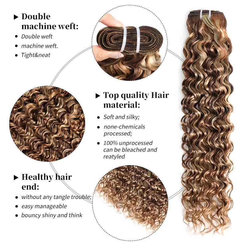 RhisoHair Mix Brown P4/27/613 Highlight Water Wave 3 Bundles with 5x5 Lace Closure Virgin Human Hair Bundles Double Weft Honey Blonde Weave for Women