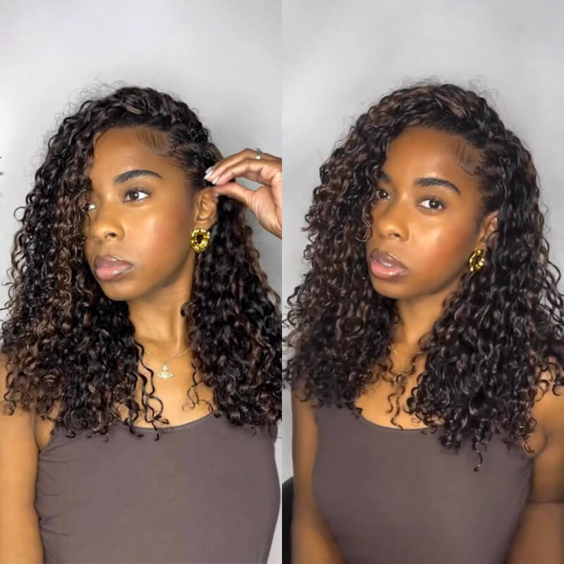 RhisoHair 3Packs #4 Chocolate Brown With 2Packs Natural Black Jerry Curly Honey Blonde Highlight Crochet Hair Machine Made Feather Human Hair Extension