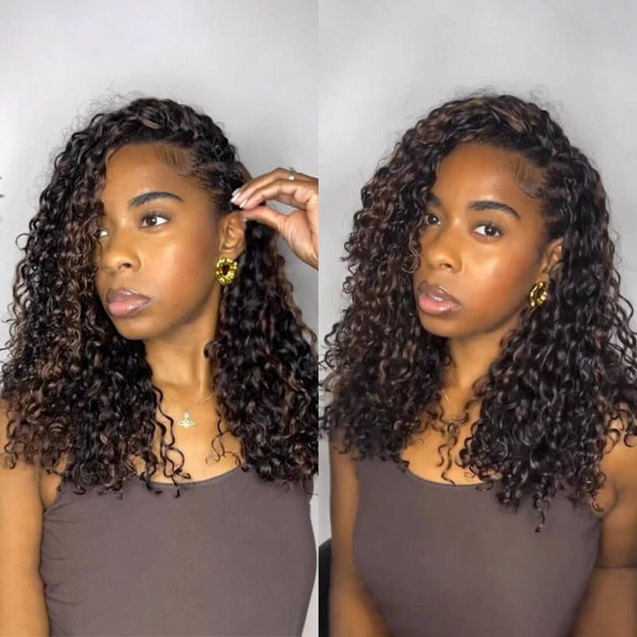 RhisoHair 3Packs #4 Chocolate Brown With 2Packs Natural Black Jerry Curly Honey Blonde Highlight Crochet Hair Machine Made Feather Human Hair Extension