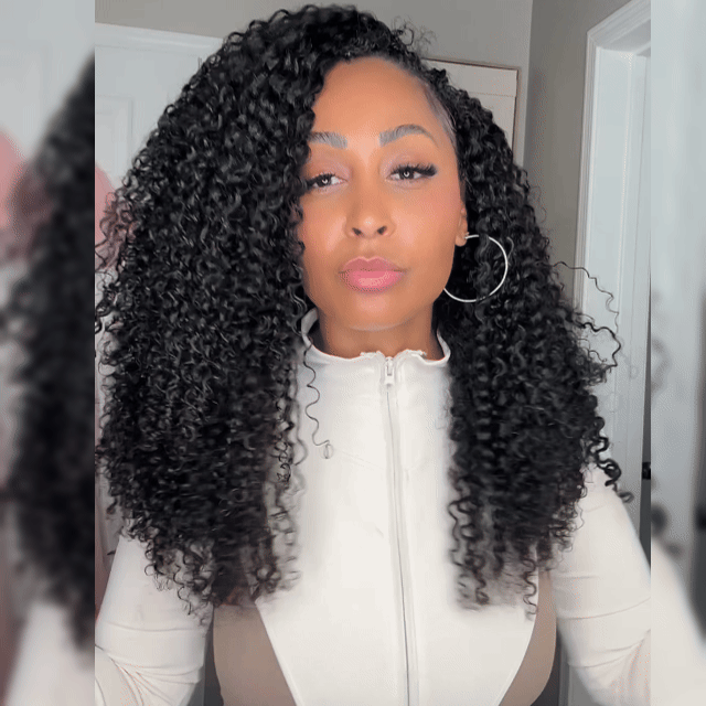 RhisoHair Jeery Curly Crochet Hair Natural Black Machine Made Feather Human Hair Extension