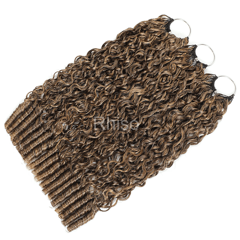 RhisoHair P4/27 Honey Blonde Highlight Burmese Curly Crochet Hair Machine Made Feather Human Hair Extension