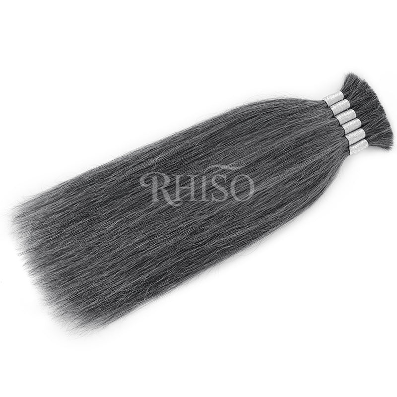 RHISO New In Dark Salt & Pepper Gray Straight Bulk Human Hair for Boho Braids