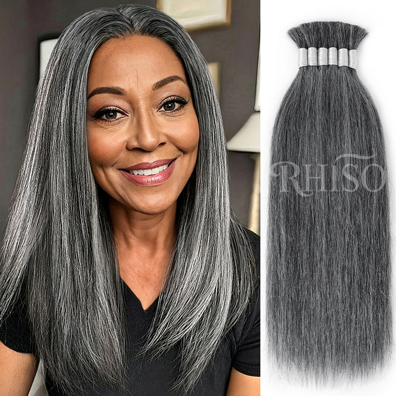 RHISO New In Dark Salt & Pepper Gray Straight Bulk Human Hair for Boho Braids
