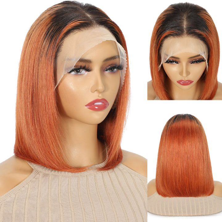 Short Bob Wig Ombre Ginger Colored T1B/350 13x4 HD Transparent Lace Frontal Wig Brazilian Straight Human Hair