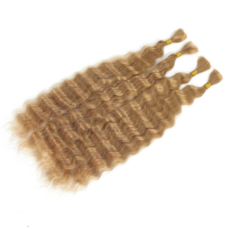 RHISO 18Inch #27 Honey Blonde Super Wave Bulk Human Hair Extensions for Boho Braids – Wet and Wavy No Weft Human Hair 4 Bundles/Pack 150g