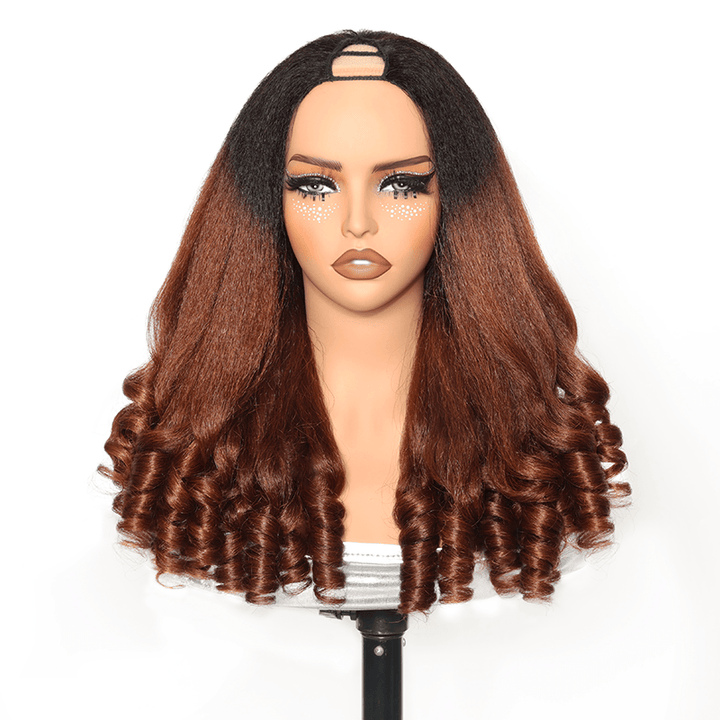 RHISO T1B/30 Kinky Straight V-Part Pull-To-Go Glueless Wig With Loose Spring Twist Ends Seamless Blending Human Hair Wig Beginner Friendly 300% Density
