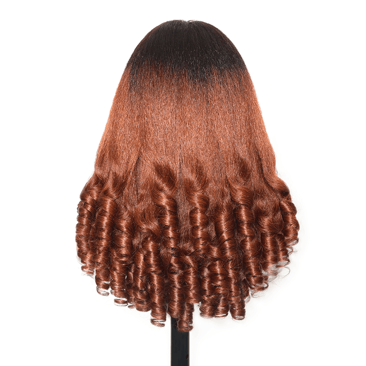 RHISO T1B/30 Kinky Straight V-Part Pull-To-Go Glueless Wig With Loose Spring Twist Ends Seamless Blending Human Hair Wig Beginner Friendly 300% Density