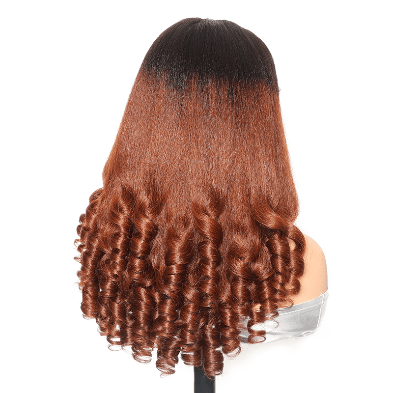RHISO T1B/30 Kinky Straight V-Part Pull-To-Go Glueless Wig With Loose Spring Twist Ends Seamless Blending Human Hair Wig Beginner Friendly 300% Density