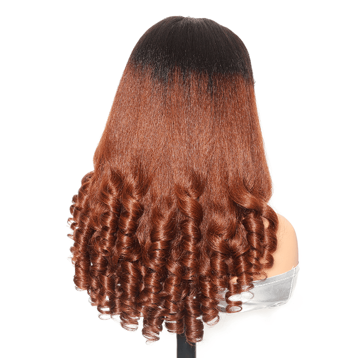 RHISO T1B/30 Kinky Straight V-Part Pull-To-Go Glueless Wig With Loose Spring Twist Ends Seamless Blending Human Hair Wig Beginner Friendly 300% Density