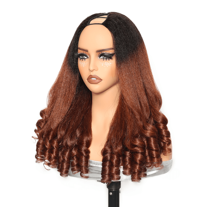 RHISO T1B/30 Kinky Straight V-Part Pull-To-Go Glueless Wig With Loose Spring Twist Ends Seamless Blending Human Hair Wig Beginner Friendly 300% Density