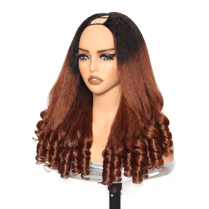 RHISO T1B/30 Kinky Straight V-Part Pull-To-Go Glueless Wig With Loose Spring Twist Ends Seamless Blending Human Hair Wig Beginner Friendly 300% Density