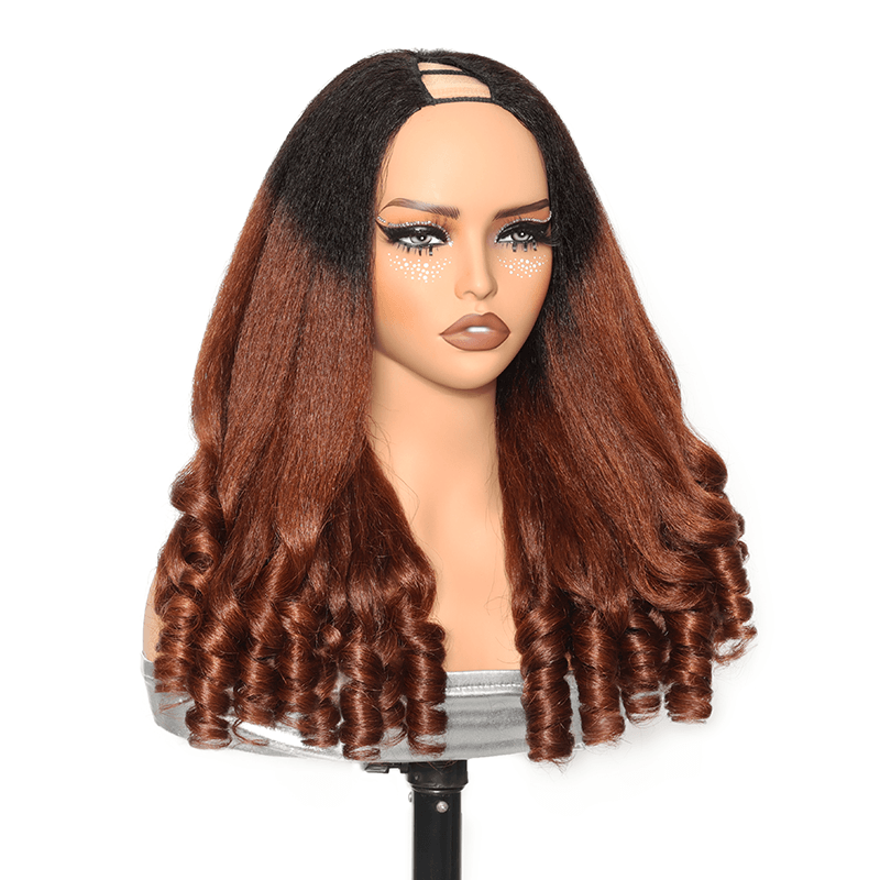 RHISO T1B/30 Kinky Straight V-Part Pull-To-Go Glueless Wig With Loose Spring Twist Ends Seamless Blending Human Hair Wig Beginner Friendly 300% Density