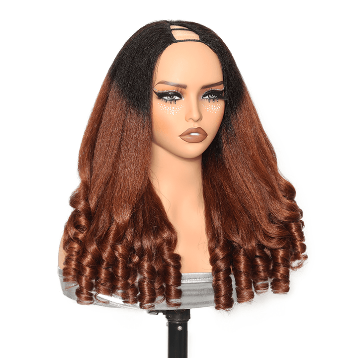 RHISO T1B/30 Kinky Straight V-Part Pull-To-Go Glueless Wig With Loose Spring Twist Ends Seamless Blending Human Hair Wig Beginner Friendly 300% Density