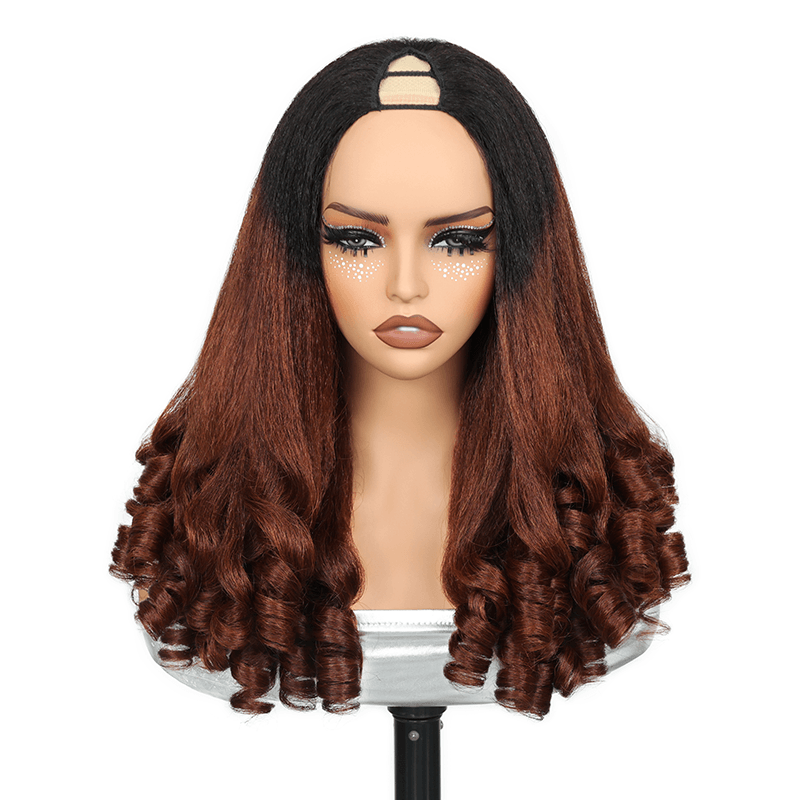 RHISO T1B/30 Kinky Straight V-Part Pull-To-Go Glueless Wig With Loose Spring Twist Ends Seamless Blending Human Hair Wig Beginner Friendly 300% Density