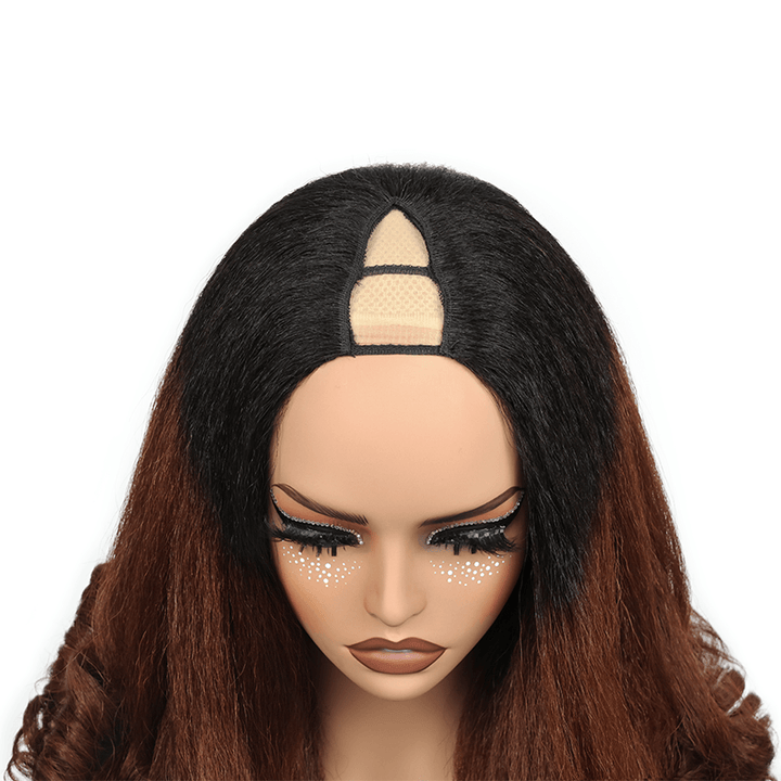RHISO T1B/30 Kinky Straight V-Part Pull-To-Go Glueless Wig With Loose Spring Twist Ends Seamless Blending Human Hair Wig Beginner Friendly 300% Density