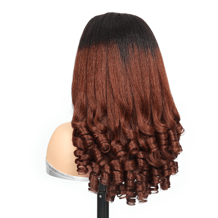 RHISO T1B/30 Kinky Straight V-Part Pull-To-Go Glueless Wig With Loose Spring Twist Ends Seamless Blending Human Hair Wig Beginner Friendly 300% Density