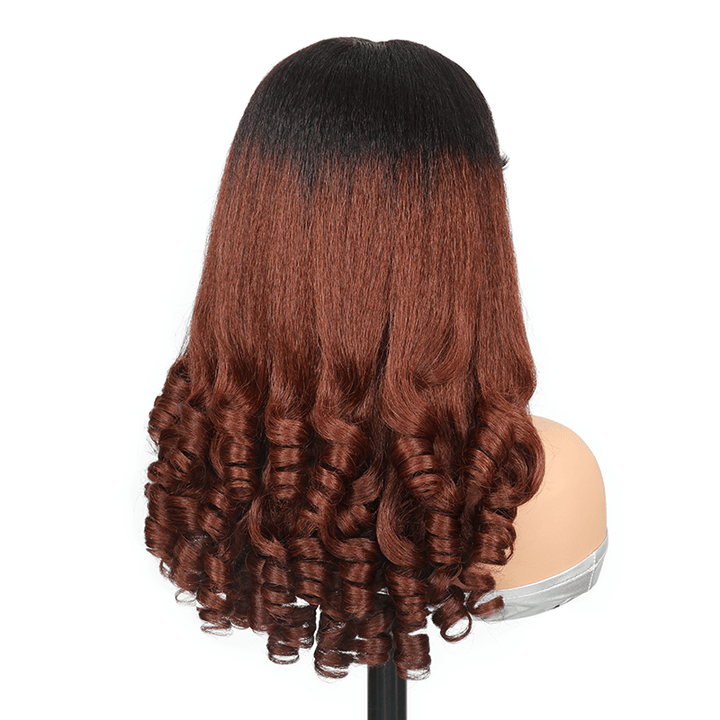 RHISO T1B/30 Kinky Straight V-Part Pull-To-Go Glueless Wig With Loose Spring Twist Ends Seamless Blending Human Hair Wig Beginner Friendly 300% Density