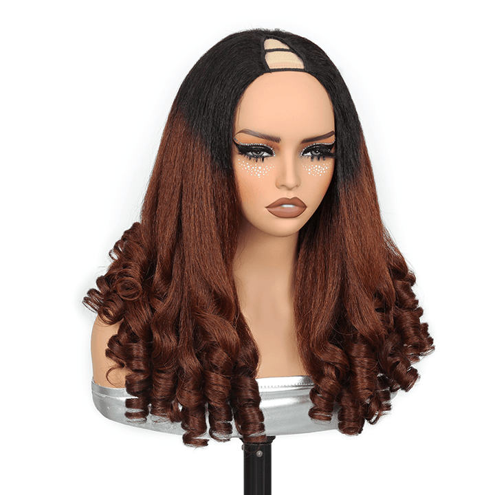 RHISO T1B/30 Kinky Straight V-Part Pull-To-Go Glueless Wig With Loose Spring Twist Ends Seamless Blending Human Hair Wig Beginner Friendly 300% Density
