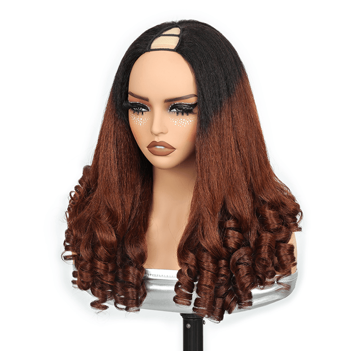 RHISO T1B/30 Kinky Straight V-Part Pull-To-Go Glueless Wig With Loose Spring Twist Ends Seamless Blending Human Hair Wig Beginner Friendly 300% Density