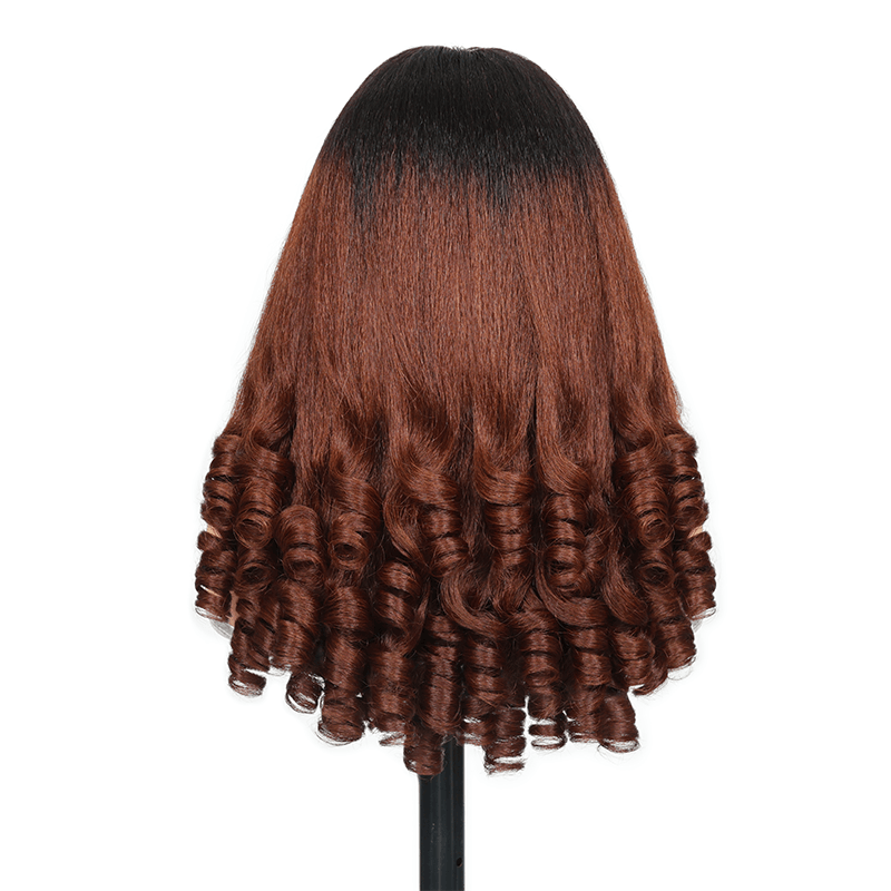 RHISO T1B/30 Kinky Straight V-Part Pull-To-Go Glueless Wig With Loose Spring Twist Ends Seamless Blending Human Hair Wig Beginner Friendly 300% Density