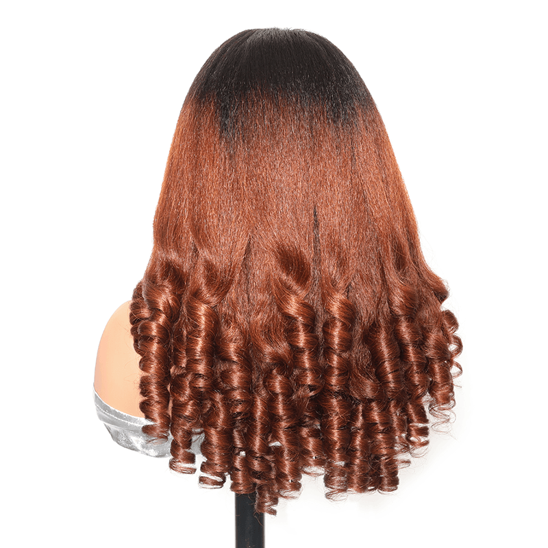 RHISO T1B/30 Kinky Straight V-Part Pull-To-Go Glueless Wig With Loose Spring Twist Ends Seamless Blending Human Hair Wig Beginner Friendly 300% Density