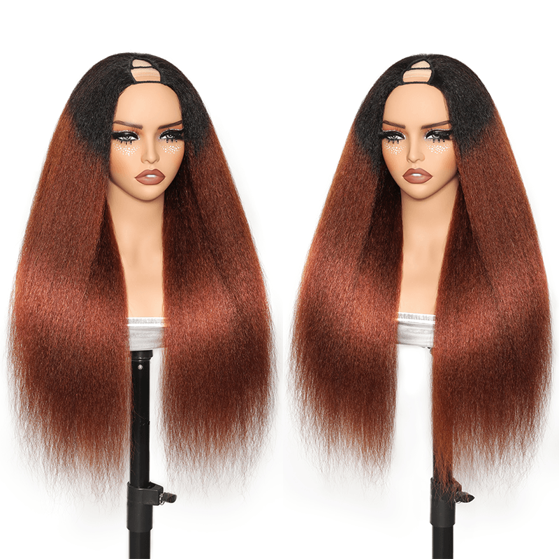 RHISO T1B/30 V Part Glueless Kinky Straight Human Hair Wig With Invisi Adjustable Drawstring Beginner Friendly 300% Density