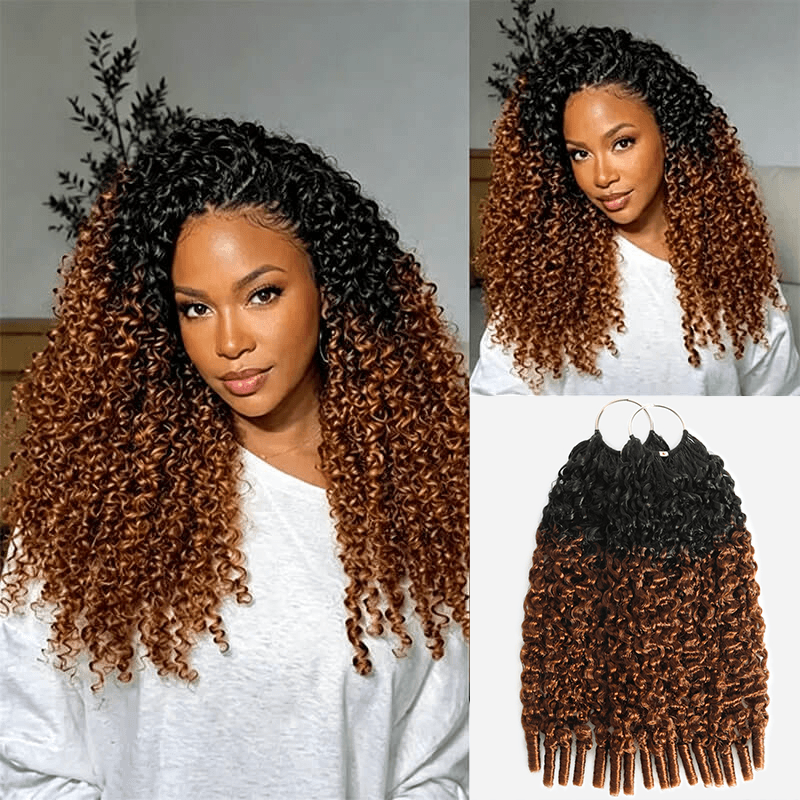 RhisoHair T1B/30 Ombre Copper Brown Crochet Hair Burmese Curly/Pixie Curly Machine Made Feather Human Hair Extension