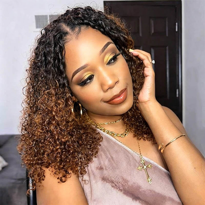 RhisoHair T1B/30 Ombre Copper Brown Crochet Hair Burmese Curly/Pixie Curly Machine Made Feather Human Hair Extension