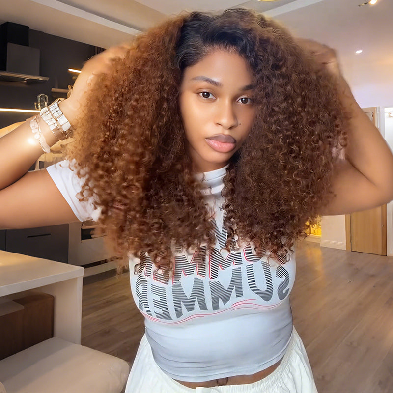 [Upgrade Strap] 300 Density T4/30 Ombre Copper Brown Burmese Curly Wig 5x5/13x4 Glueless Pull To Go Human Hair Wig