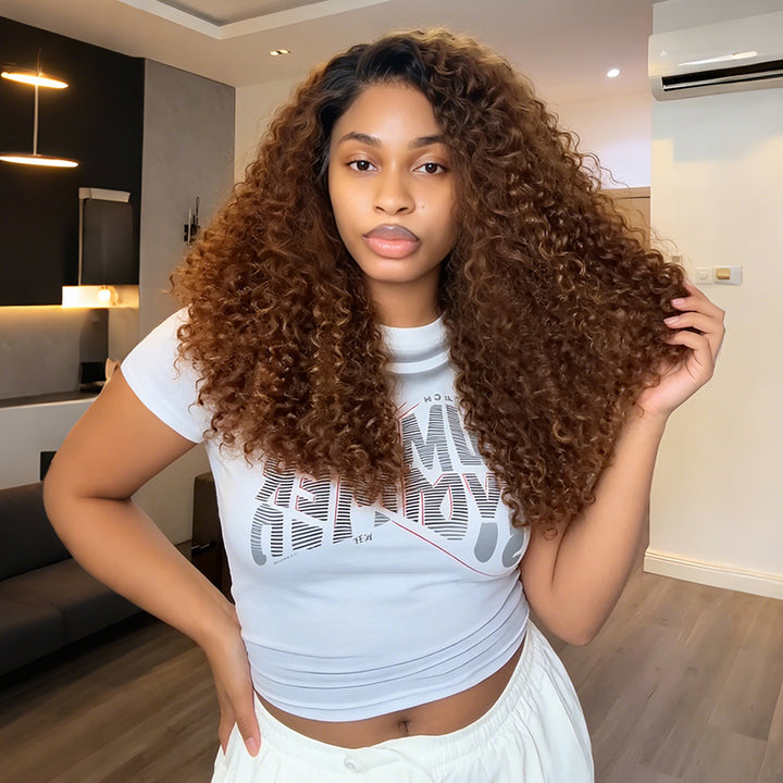 [Upgrade Strap] 300 Density T4/30 Ombre Copper Brown Burmese Curly Wig 5x5/13x4 Glueless Pull To Go Human Hair Wig