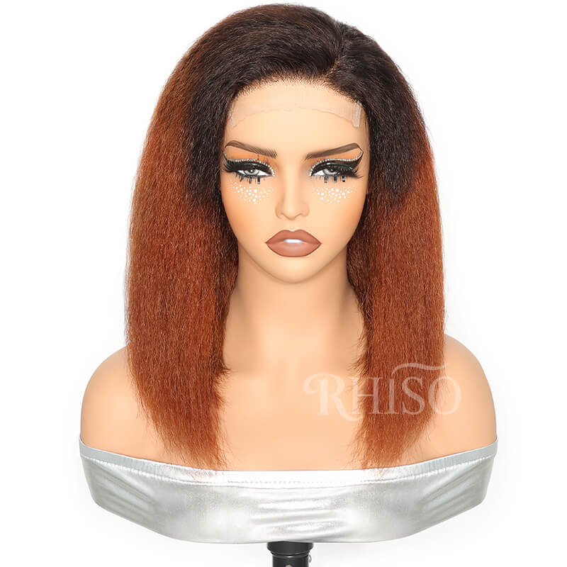 T1B/30 Ombre Copper Brown Kinky Straight Short Bob Wig 5x5 HD Lace Closure Yaki Bob Wig With Invisi Adjustable Drawstring