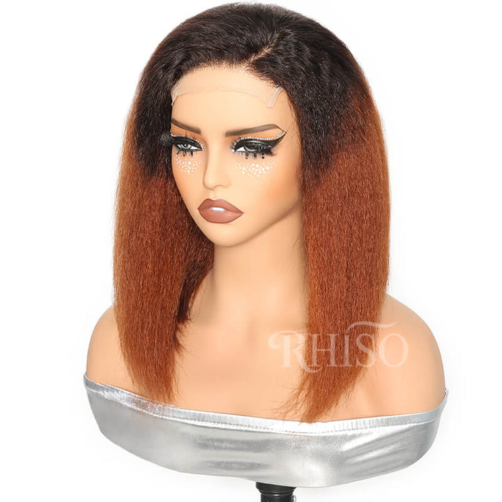 T1B/30 Ombre Copper Brown Kinky Straight Short Bob Wig 5x5 HD Lace Closure Yaki Bob Wig With Invisi Adjustable Drawstring