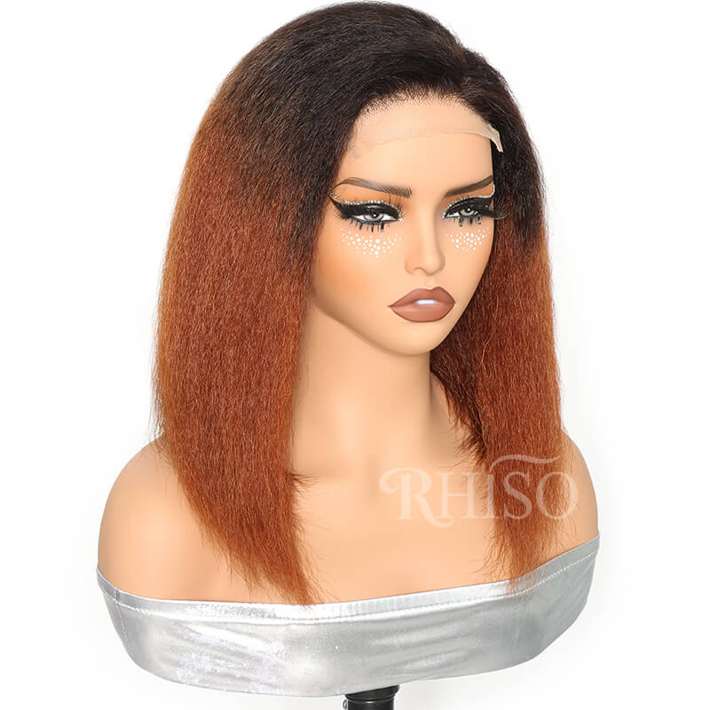 T1B/30 Ombre Copper Brown Kinky Straight Short Bob Wig 5x5 HD Lace Closure Yaki Bob Wig With Invisi Adjustable Drawstring