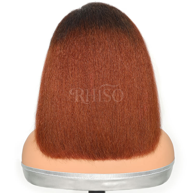 T1B/30 Ombre Copper Brown Kinky Straight Short Bob Wig 5x5 HD Lace Closure Yaki Bob Wig With Invisi Adjustable Drawstring