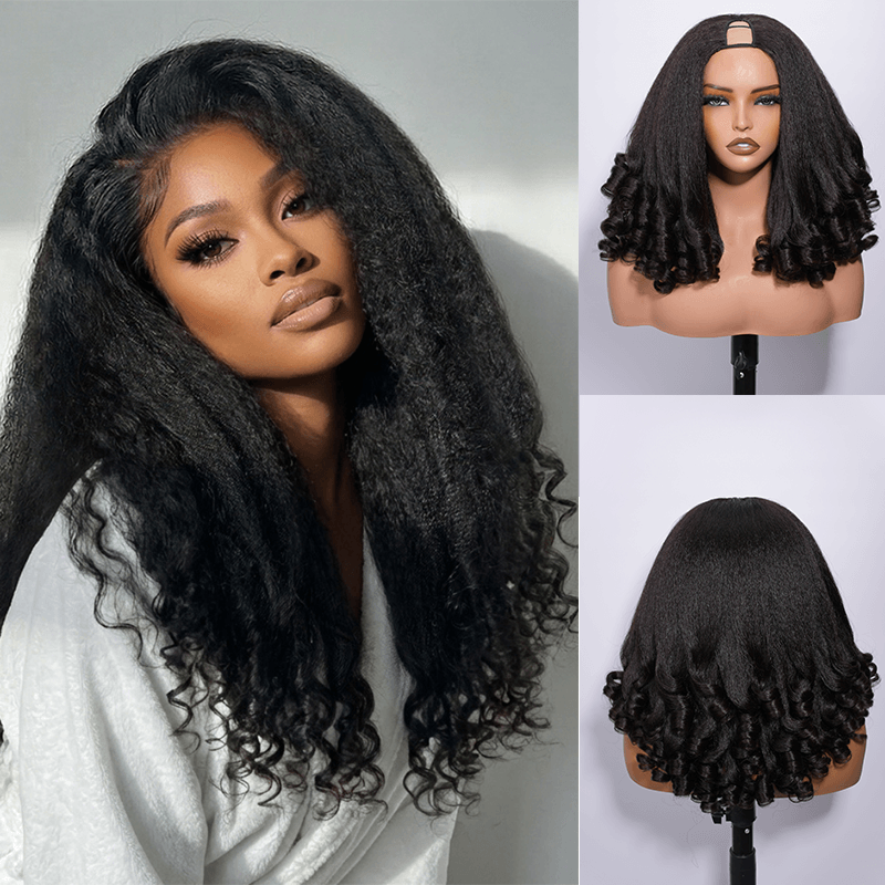 RhisoHair Kinky Straight With Finger Coil Ends V-Part  Put on and Go Glueless Wig With Invisi Adjustable Drawstring Real Scalp Blend Natural Hair 300% Density