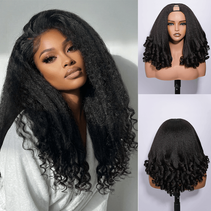RhisoHair Kinky Straight With Finger Coil Ends V-Part  Put on and Go Glueless Wig With Invisi Adjustable Drawstring Real Scalp Blend Natural Hair 300% Density