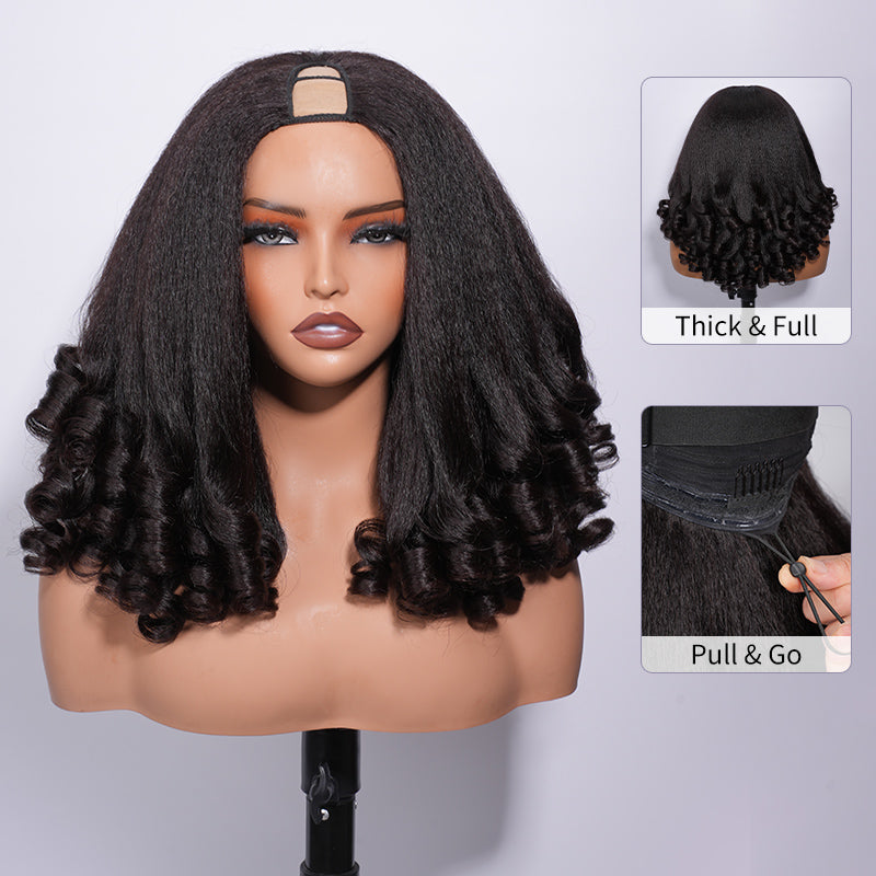 RhisoHair Kinky Straight With Finger Coil Ends V-Part  Put on and Go Glueless Wig With Invisi Adjustable Drawstring Real Scalp Blend Natural Hair 300% Density