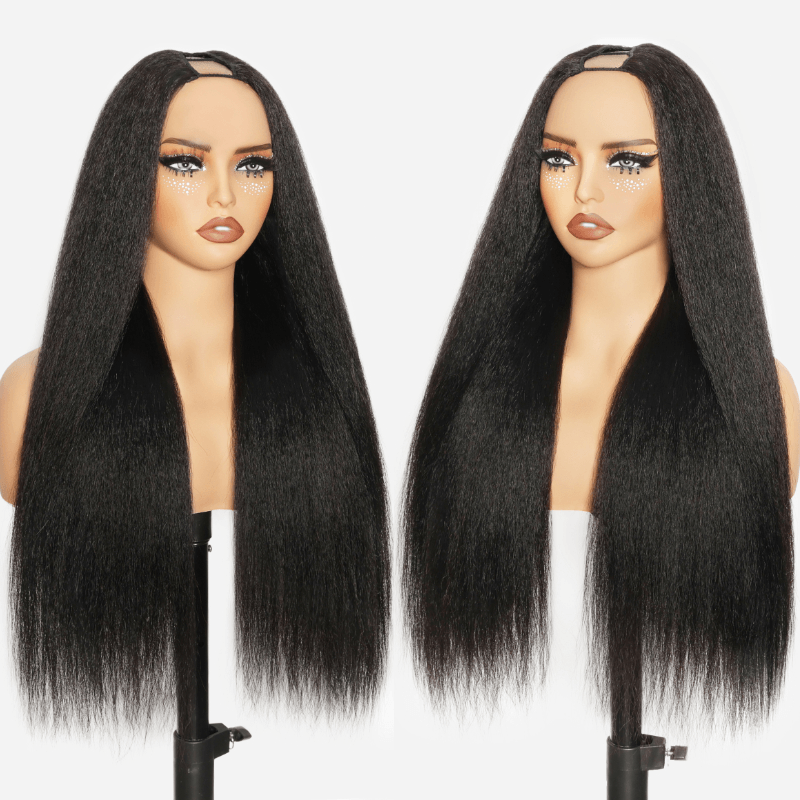 RHISO Seamless Blending V Part Glueless Kinky Straight Human Hair Wig With Invisi Adjustable Drawstring Beginner Friendly 180% Density