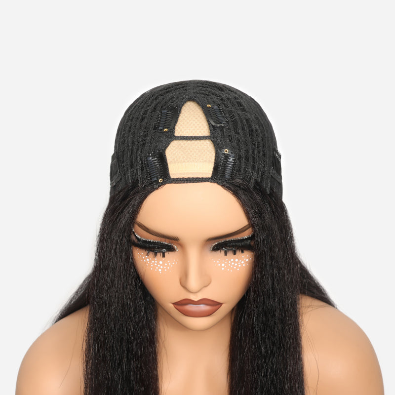 RHISO Seamless Blending V Part Glueless Kinky Straight Human Hair Wig With Invisi Adjustable Drawstring Beginner Friendly 180% Density