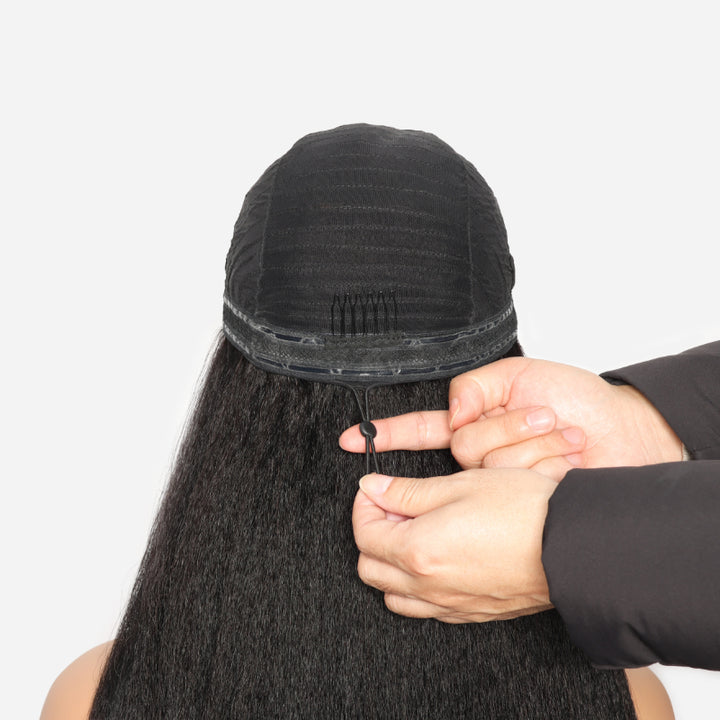 RHISO Seamless Blending V Part Glueless Kinky Straight Human Hair Wig With Invisi Adjustable Drawstring Beginner Friendly 180% Density
