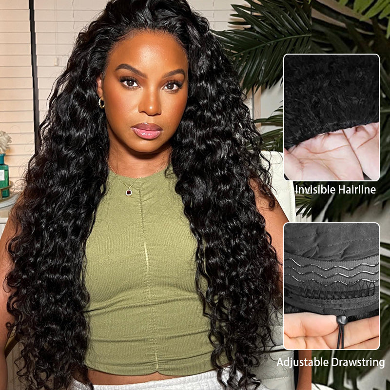 Water Wave Half Wig Invisible Hairline With Drawstring Beginner Friend ...