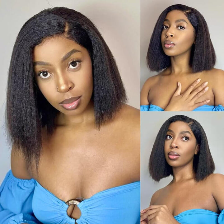 300% Density Kinky Straight Short Bob Wig 13x6 HD Lace Frontal Brazilian Virgin Human Hair Wig