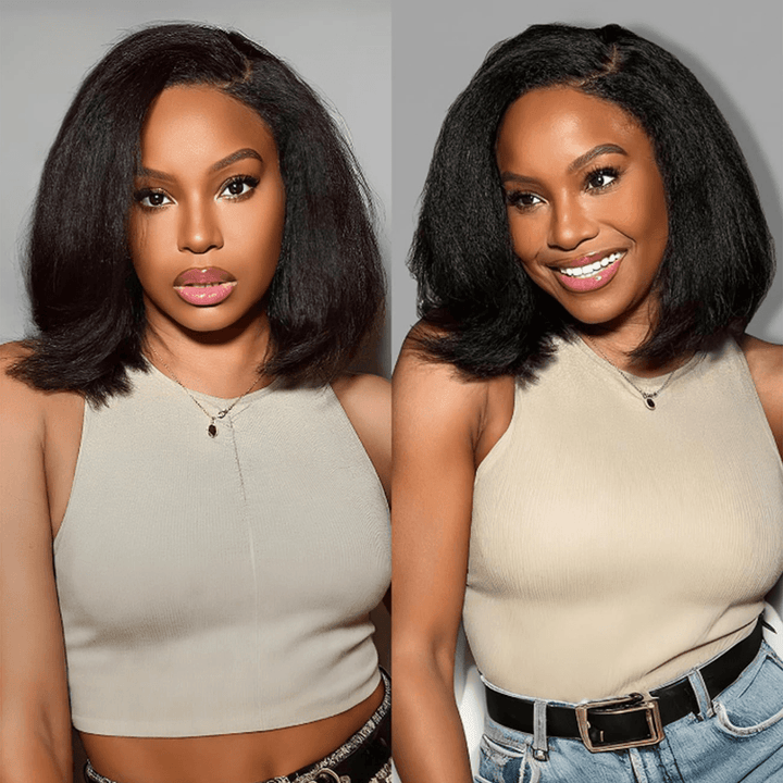 300% Density Kinky Straight Short Bob Wig 13x6 HD Lace Frontal Brazilian Virgin Human Hair Wig